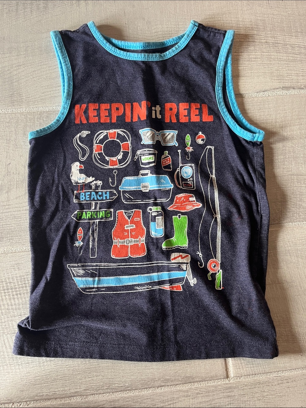 Hatley Navy Tank Top with Aqua Trim and Colorful Fishing Graphics